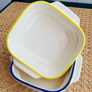 Square Ceramic Dishes with Yellow and Blue Trim